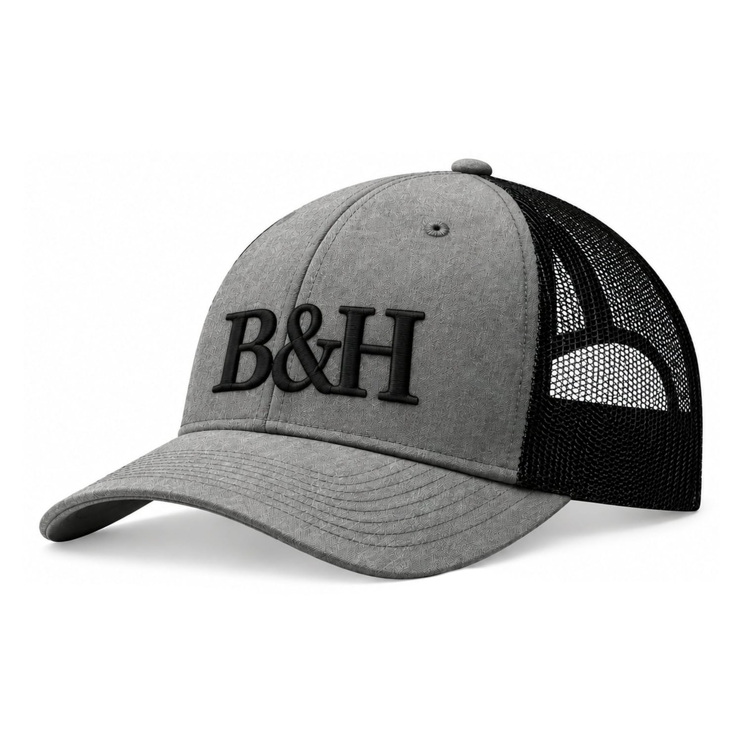 B&H Trucker Cap – Heather Grey / Black, Black Logo