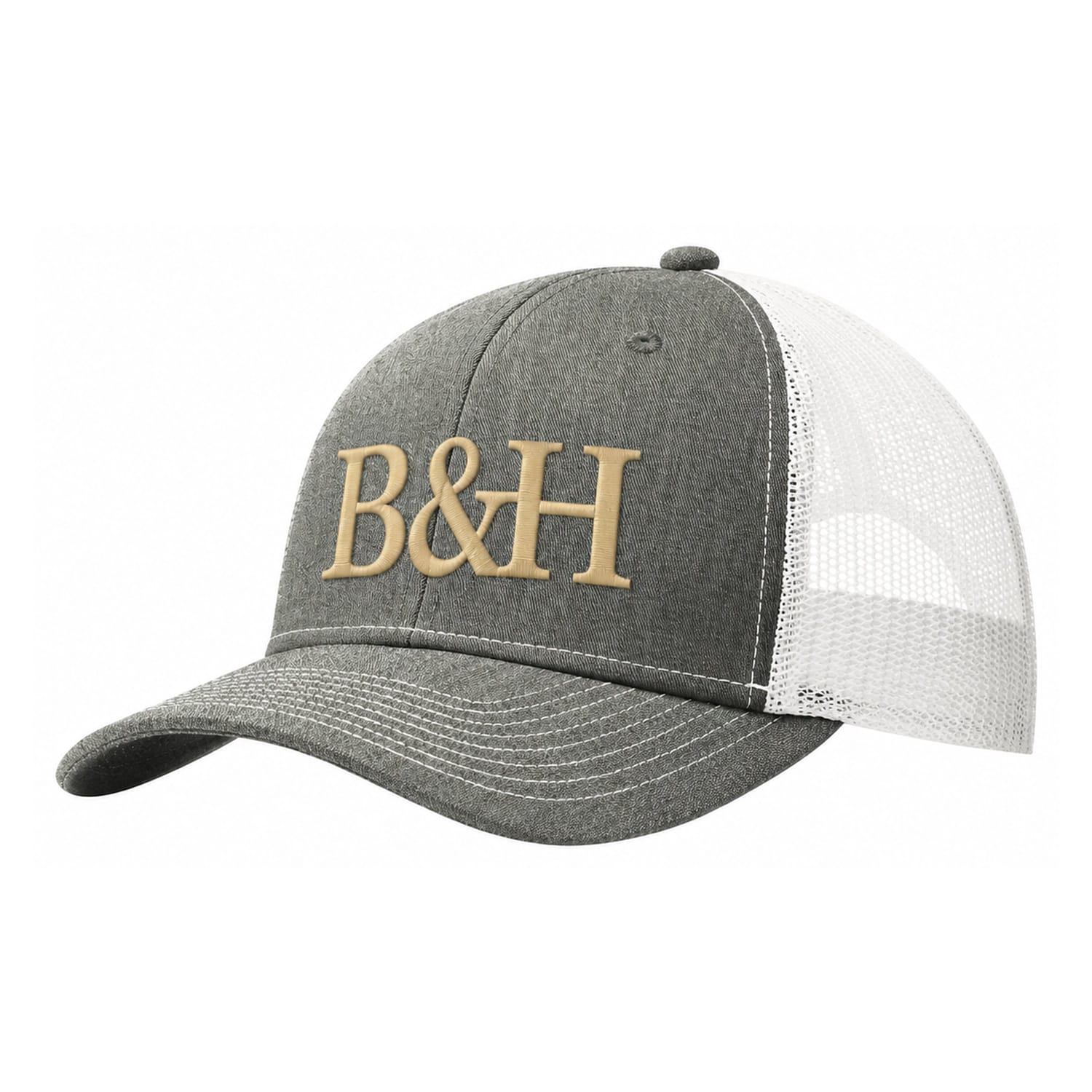 B&H Trucker Cap – Heather Grey / White, Gold Logo